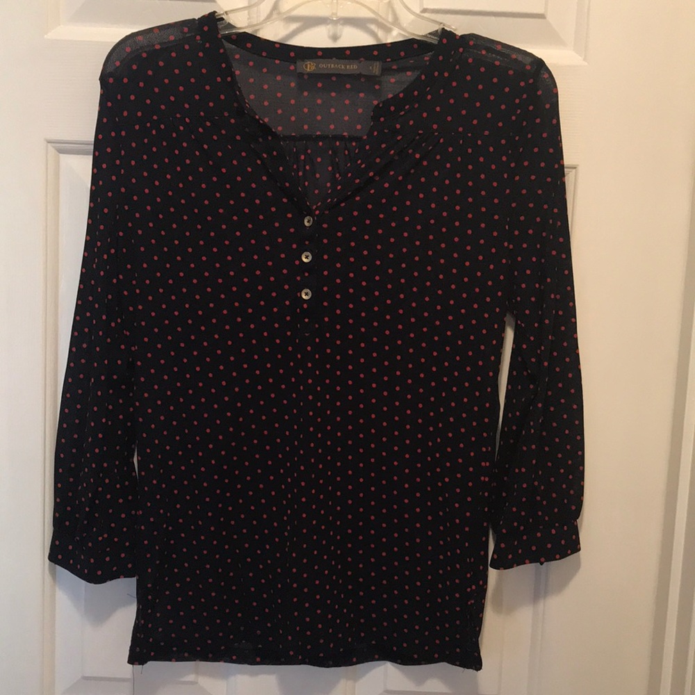 Navy and red polka dot top